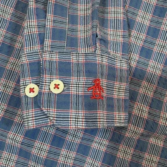 Penguin Munsingwear Shirt Mens 16 34/35 Large Blue Red Plaid Heritage Slim Fit - Picture 2 of 10